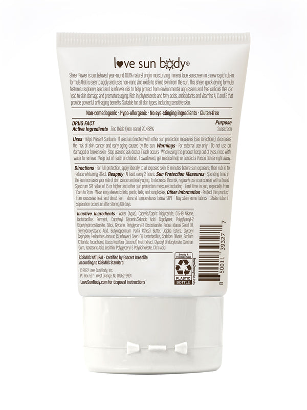 Love Sun Body Sheer Power 100% Natural Daily Moisturizing Mineral Face Sunscreen SPF 30 - EWG Verified®